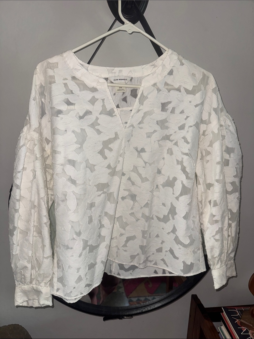 Club Monaco White Floral Cutout Long-Sleeve Blouse